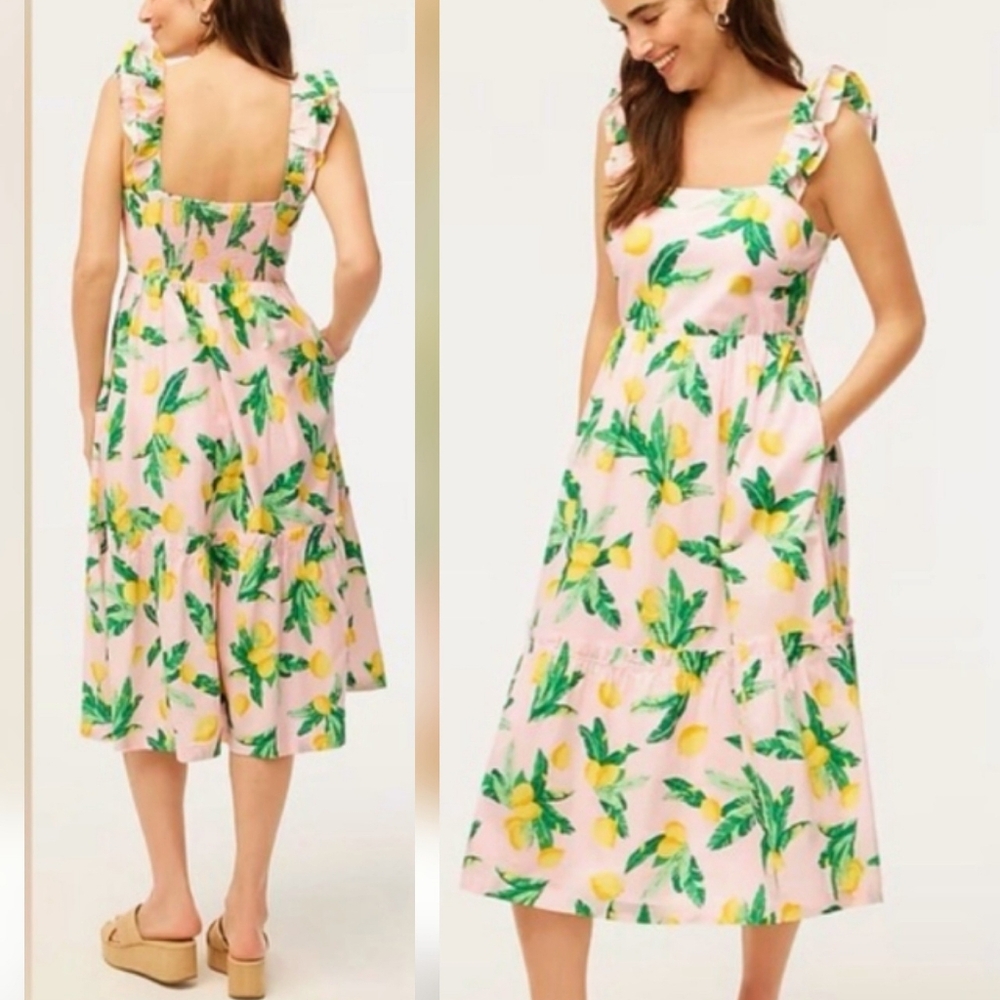 J. Crew Lemon Square Neck Ruffle Sleeves Cotton Midi Dress Pink